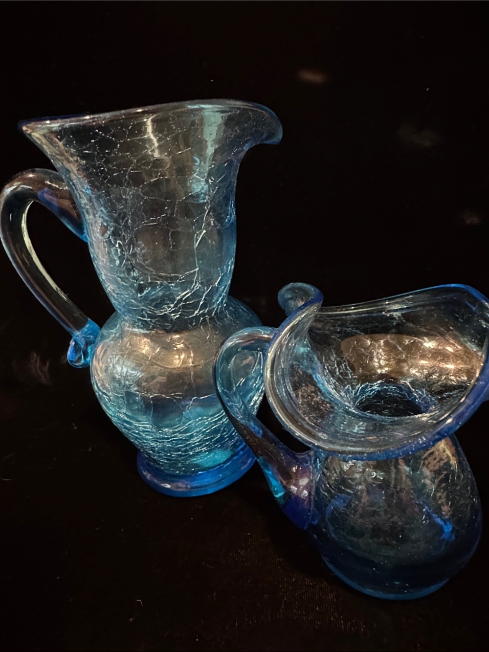 MCM Hand Blown Blue Crackle Glass Mini Pitcher & Ewer Set - 3" and 5"